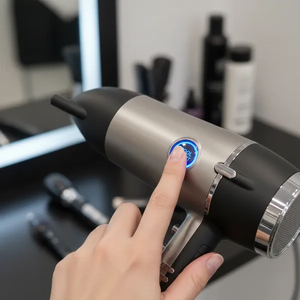 Close-up of a hand pressing the cool shot button on a modern hair dryer.