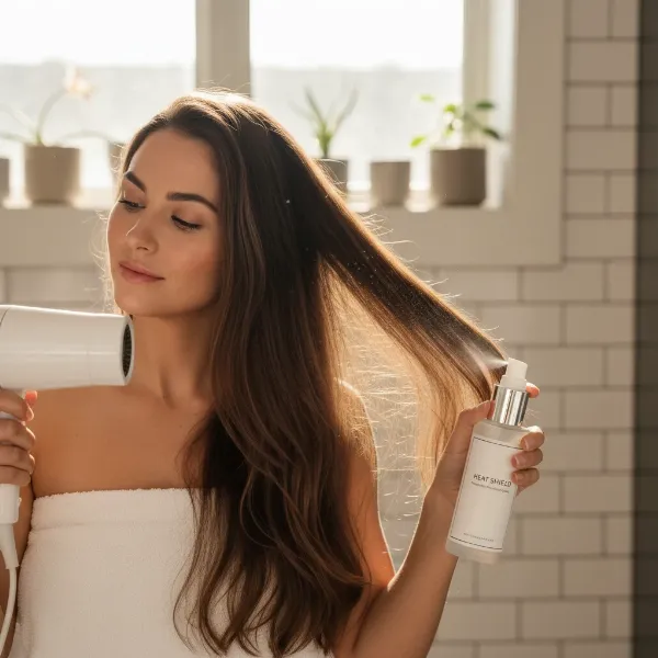 A woman protecting her hair from heat damage while blow-drying with a heat protectant spray