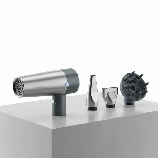 A sleek, modern high-speed ionic hair dryer with various styling attachments on a clean surface.