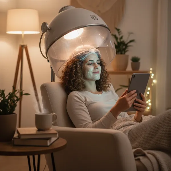 Woman relaxing under a hooded hair dryer at home while deep conditioning her curly hair with a plastic cap