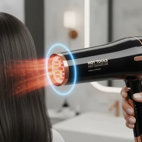 Hot Tools hair dryer using ionic and ceramic tech for smooth, shiny hair.
