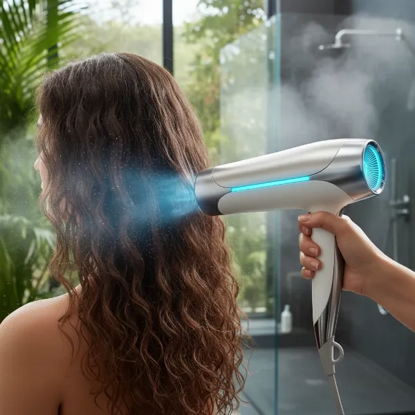 A sleek ionic hair dryer with a blue glow indicating negative ion emission, illustrating advanced frizz control technology.
