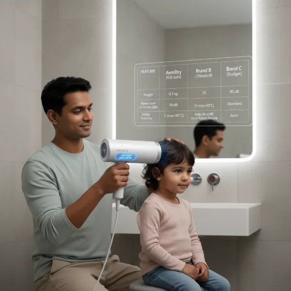 A parent confidently holding a lightweight, quiet hair dryer designed for kids, with a subtle overlay representing a comparison table highlighting safety features.