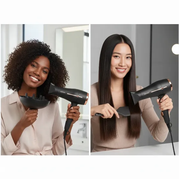A woman with curly hair using the diffuser and another woman with straight hair using the concentrator nozzle of the Kipozi 1875W dryer.