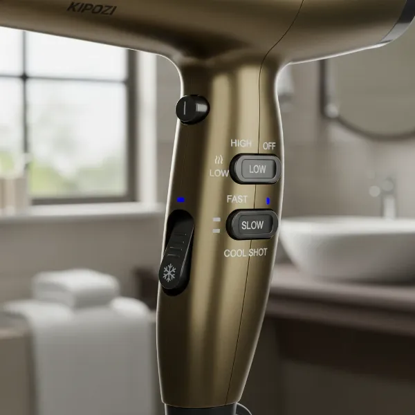 Close-up of a Kipozi 1875W hair dryer showing its heat and speed settings with a cool shot button.