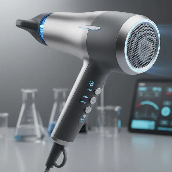 A sleek, modern hair dryer showcasing its advanced safety features like a well-designed filter, multiple heat settings, and a cool shot button.