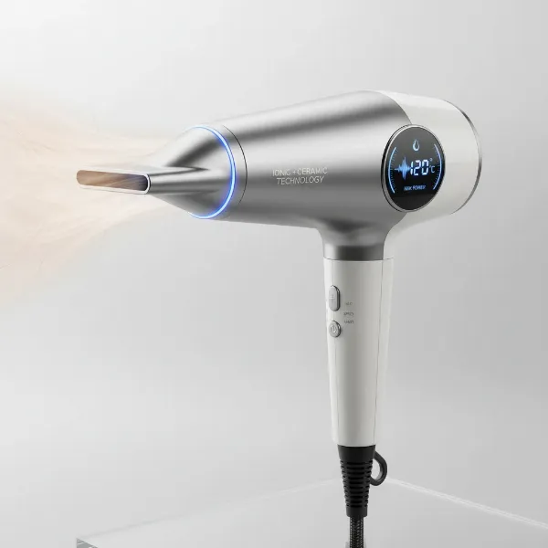 A sleek, high-tech hair dryer featuring ionic, ceramic, and tourmaline technologies for smooth, shiny hair.