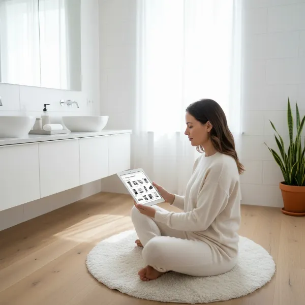 A user browsing hair tool organizers on a tablet in a cozy bathroom