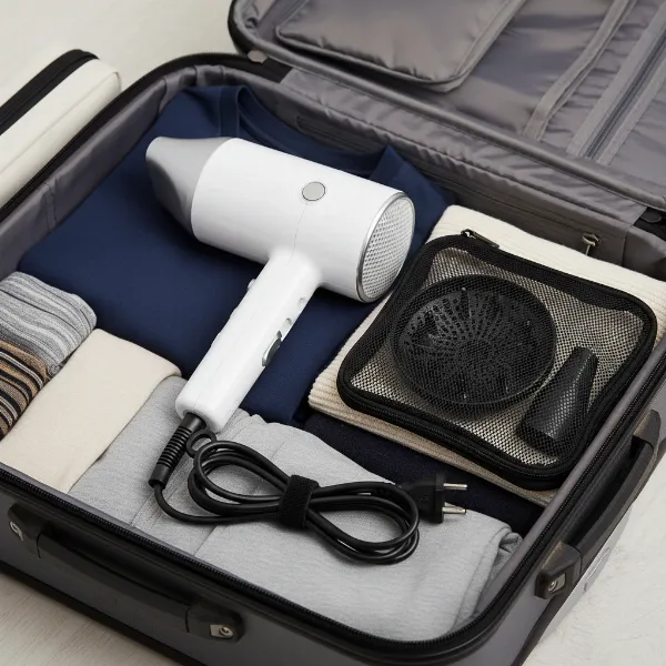 Neatly coiled hair dryer cord secured with a strap, with attachments in a small pouch.