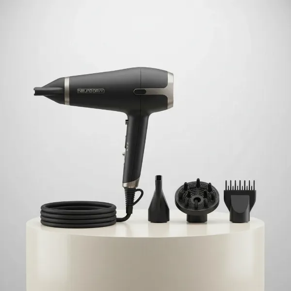 Paul Mitchell Neuro Dry+ hair dryer with magnetic styling nozzle, diffuser, and smoothing pik attachments.