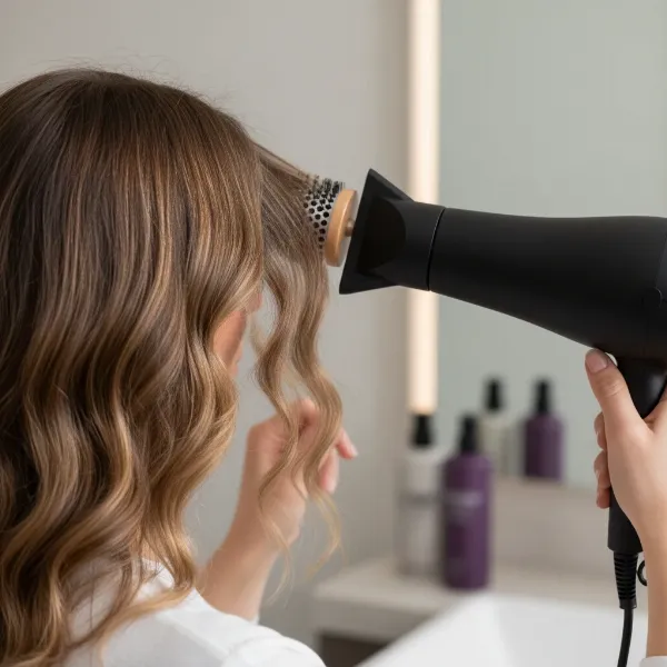 Person demonstrating root lift technique with a round brush and hair dryer.