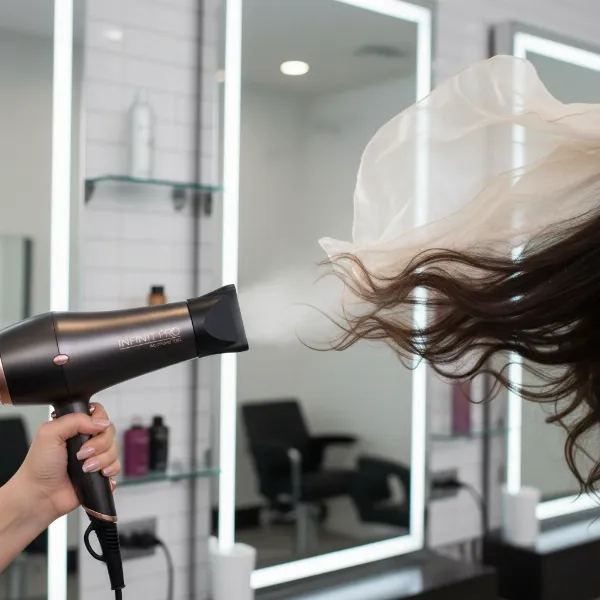 Strong, fast airflow emanating from a professional-grade hair dryer during use.