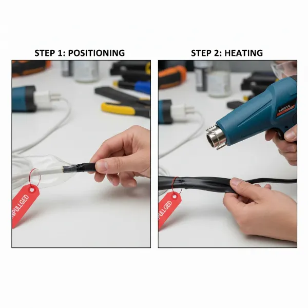 person applying heat shrink tubing to a frayed hair dryer cord for repair