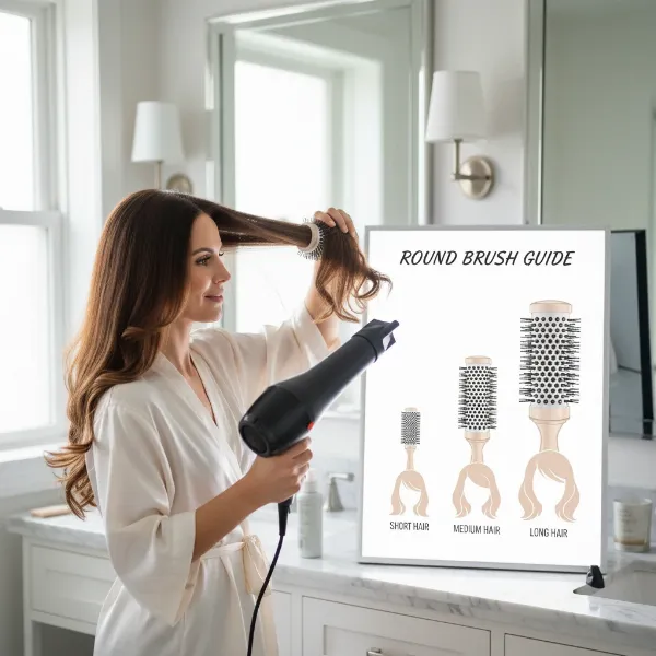 A woman blow-drying her long hair with a large round brush for volume and smoothness, showing different brush sizes for various hair lengths in the background.