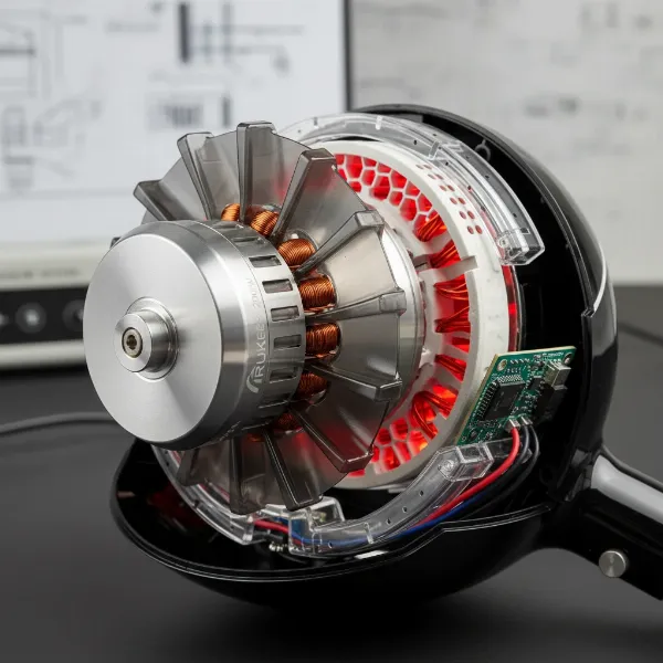 Close-up of a powerful 2000-watt motor inside a Rusk W8less professional hair dryer.