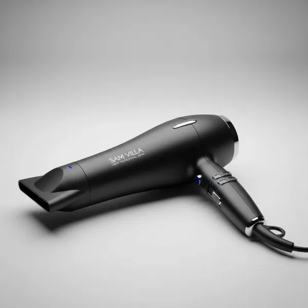A sleek black Sam Villa Light Professional Ionic Blow Dryer on a minimalist background, emphasizing its lightweight and ergonomic design.
