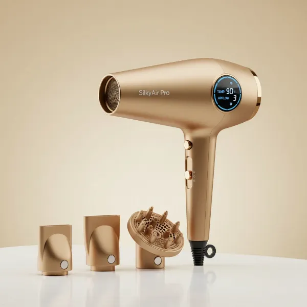 Silk'n SilkyAir Pro hair dryer in matt gold, showing its lightweight ergonomic build and magnetic attachments.