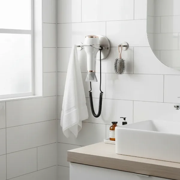 A sleek, minimalist wall-mounted hair dryer holder in a modern bathroom, saving counter space.