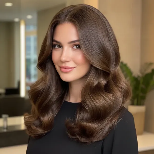 Woman with smooth, shiny, voluminous hair styled with a hot air brush, looking confident
