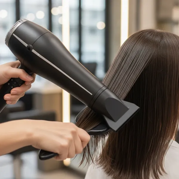 Person styling hair with a concentrator nozzle, pointing it downwards for sleekness.