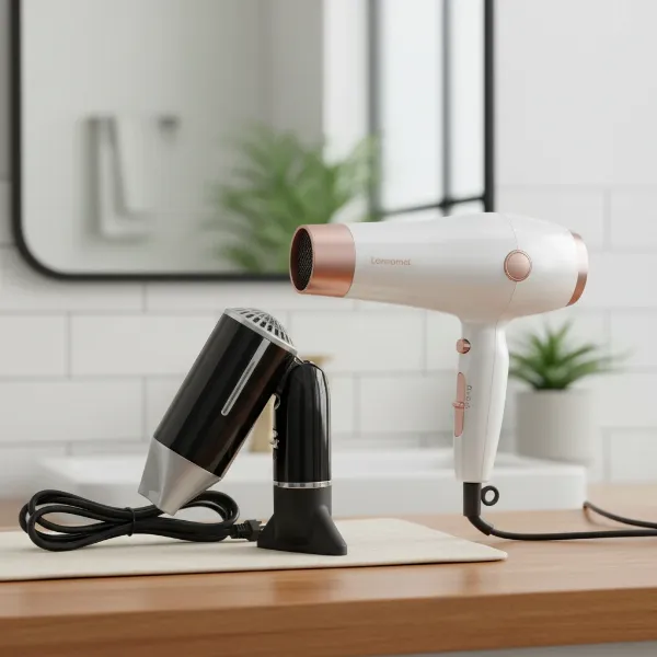 A compact travel hair dryer beside a larger, full-sized regular hair dryer on a vanity, highlighting their size difference and respective power cords.