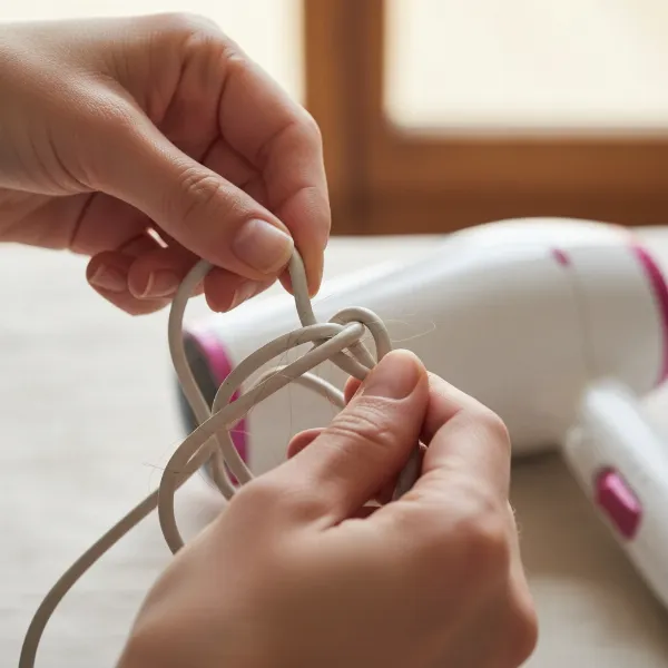A person's hands carefully untangling a twisted hair dryer cord on a light background.