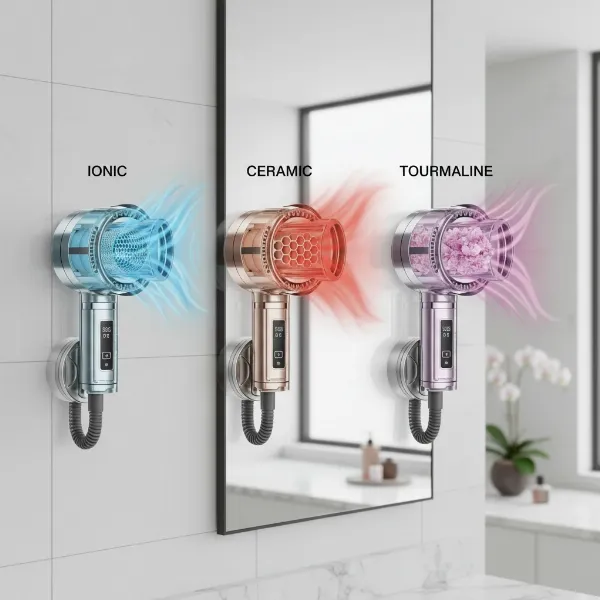 A visual comparison of different wall-mounted hair dryer types showing their heating elements and features