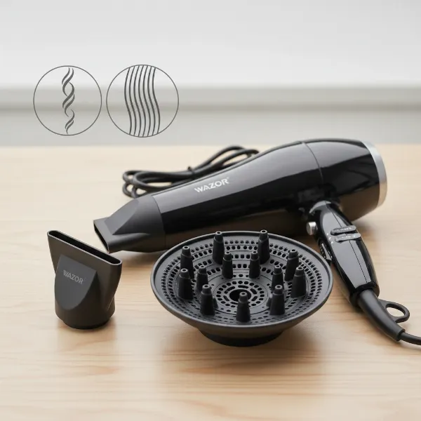 Wazor professional hair dryer with its concentrator and diffuser attachments displayed next to it.