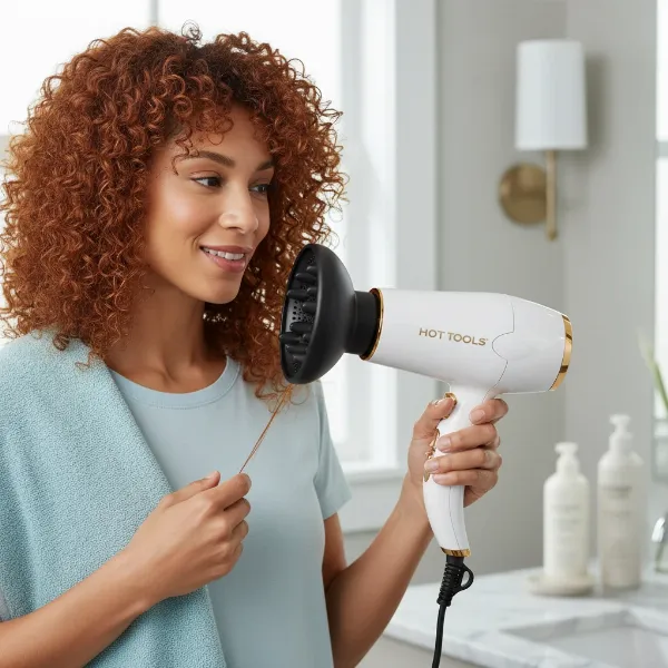 Woman uses Hot Tools dryer with diffuser on her thick, curly hair.