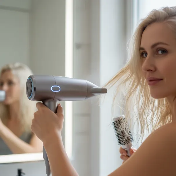 a woman carefully blow-drying her bleached hair using a protective hair dryer and proper technique