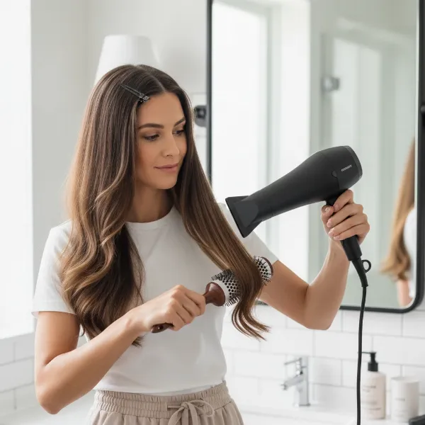 A woman expertly drying her thick hair with a hair dryer, using a concentrator nozzle and brush.