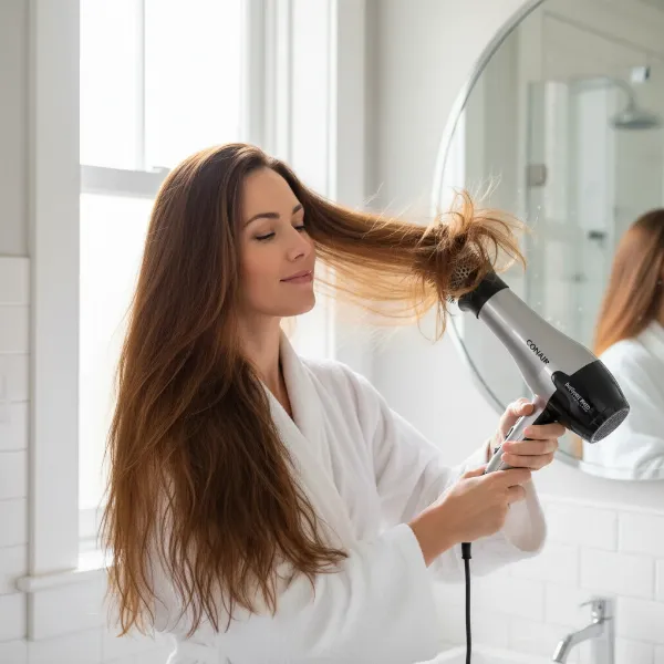 Woman efficiently blow-drying her long, thick hair with a powerful hair dryer.