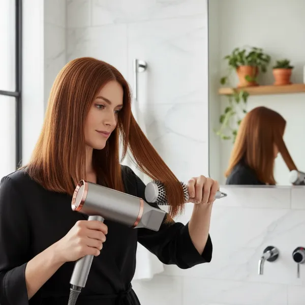 Woman using a high-speed hair dryer to style her hair, focusing on precision.