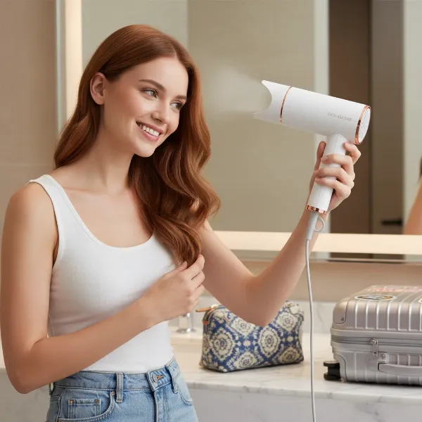 A woman using a compact travel hair dryer to style her hair, demonstrating proper technique for smooth, frizz-free results.