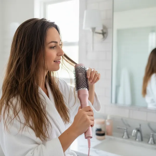 A woman holding L'Ange Le Volume brush styling her damp hair for volume