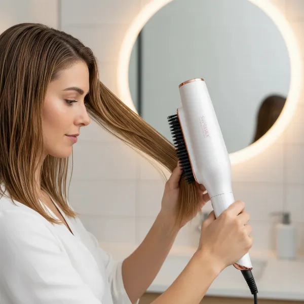 Woman styling damp, sectioned hair with a Supersilk Professional Dryer, achieving a smooth finish.